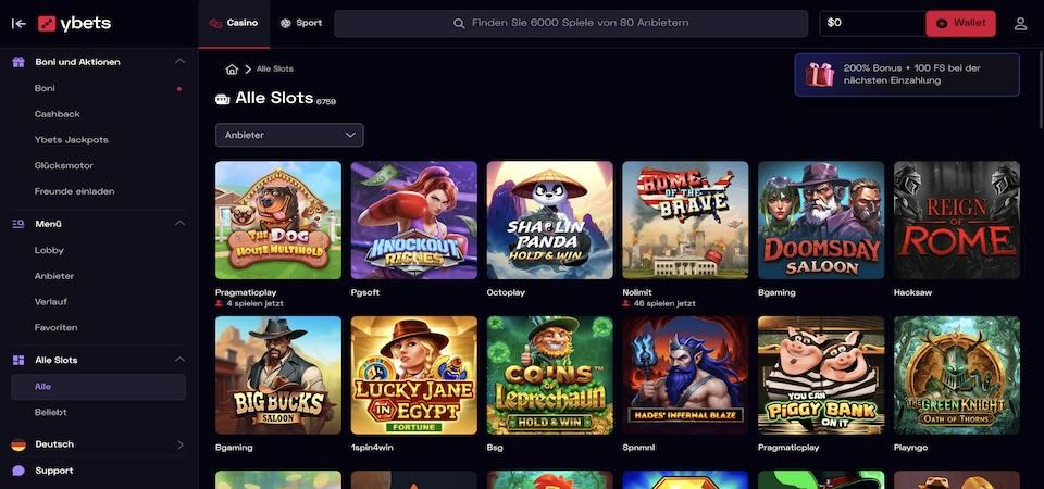 Screenshot der Ybets-Casino-Seite