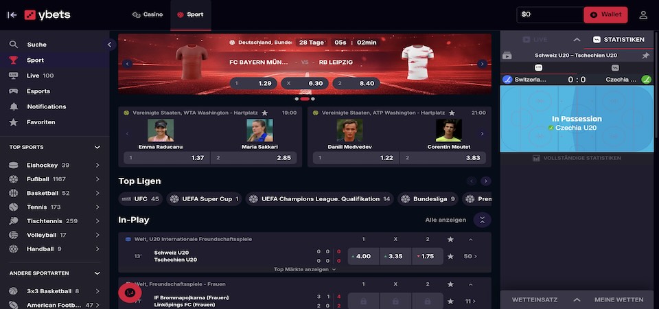 Screenshot der Ybets-Sportseite