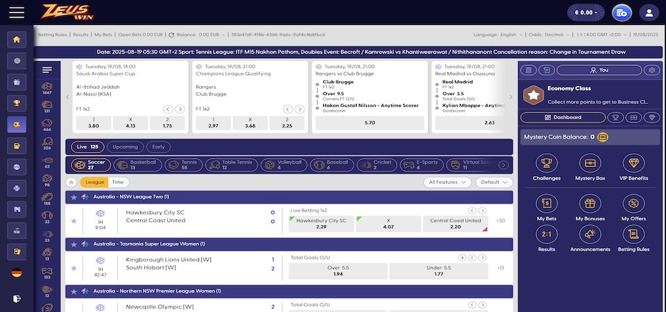 Screenshot der Zeuswin-Sportseite